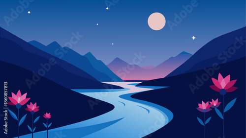 Serene mountain river at dusk