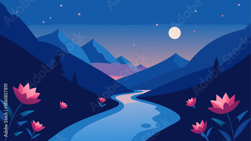 Serene nighttime mountain river