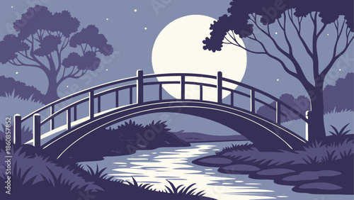 Serene moonlit bridge over calm river