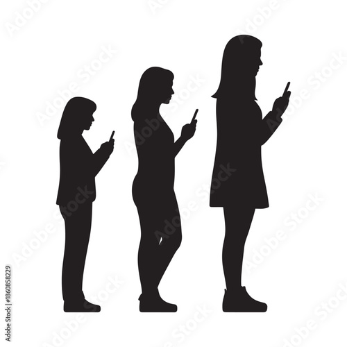 Silhouettes of three people looking at their mobile phones in profile