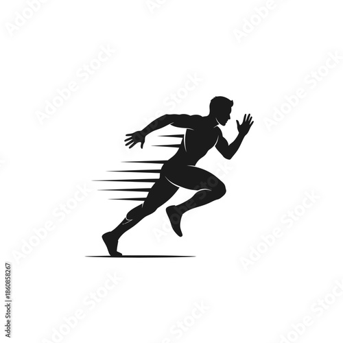 Silhouette of a male athlete sprinting with dynamic motion lines.