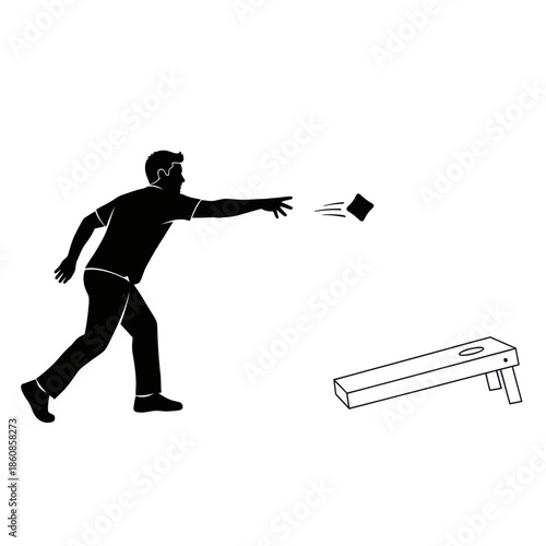 Silhouette of a man throwing a beanbag at a cornhole board.