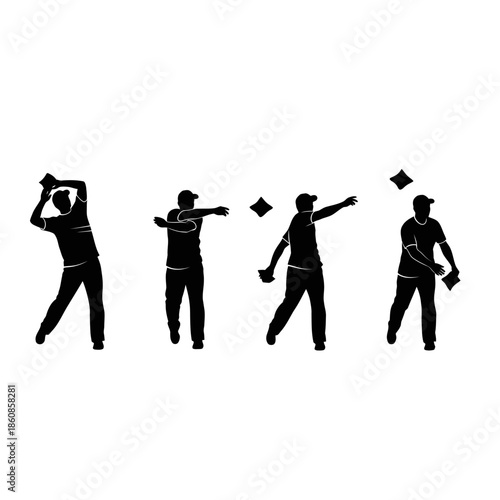Silhouette of a man throwing a bean bag in a cornhole game.
