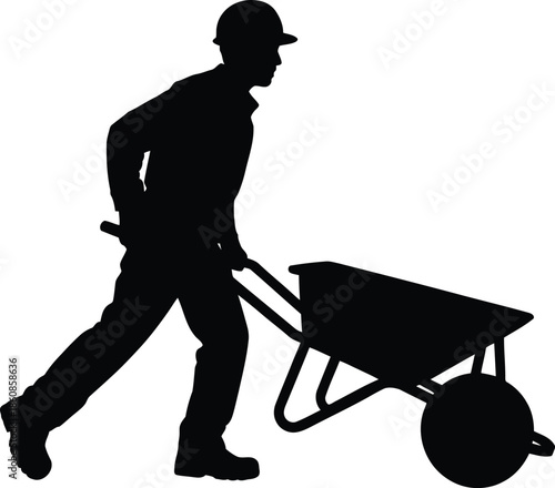 Silhouette of a man pushing a wheelbarrow. man pushing a wheelbarrow icon.