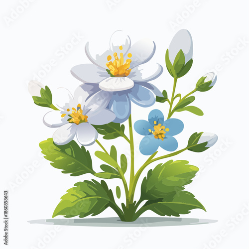 Delicate white and blue spring flowers with green leaves