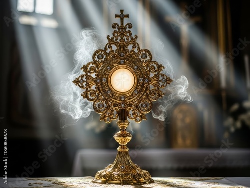 Golden monstrance on altar with glowing host and holy smoke. Sacrament of eucharist in church for religious worship and spiritual devotion.