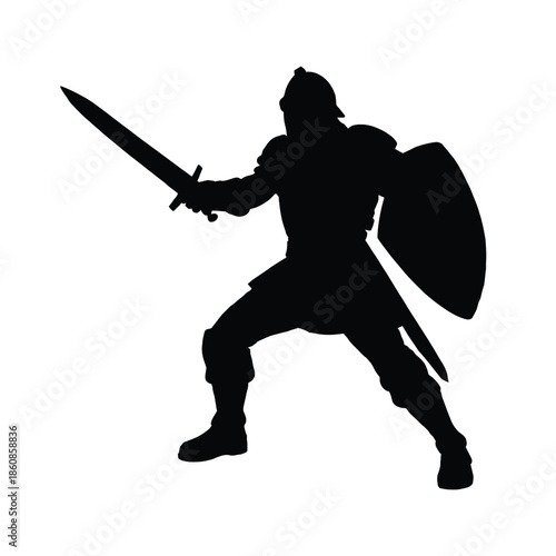 Medieval warrior silhouette with sword and shield. Medieval warrior silhouette icon.
