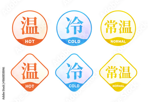サンセットオレンジ・アクアブルー・ダンデライオンイエローの水彩風テクスチャ、「温・冷・常温」の文字入り円形および角丸ひし形パッケージ用マークセット