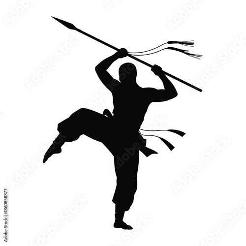 Martial arts silhouette with spear iocn. Martial arts silhouette icon.