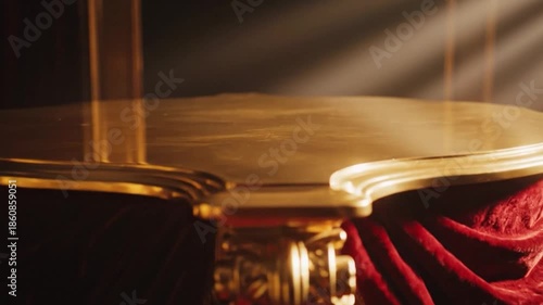 Golden stage spotlight red curtain dramatic performance.