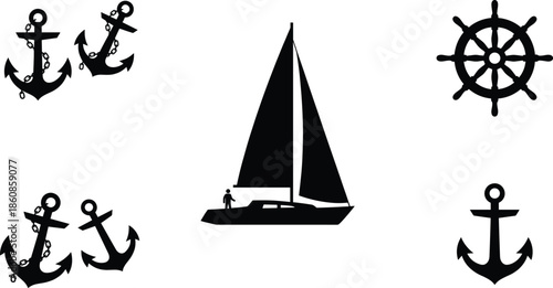 Nautical sailing icons set, sailboat anchor ship wheel silhouettes, marine navigation symbols, maritime travel illustration isolated white background vector
