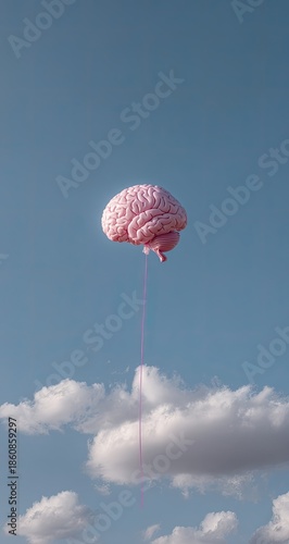 Floating pink brain, tethered by cord, against blue sky with scattered clouds