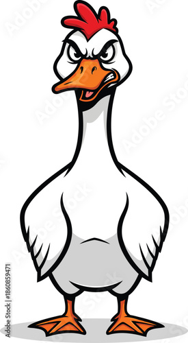 An angry white cartoon goose with a red comb standing with a furious expression.
