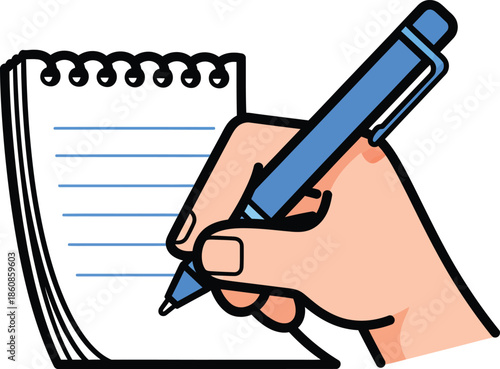 Cartoon hand holding a blue pen writing notes on a lined spiral notepad illustration.