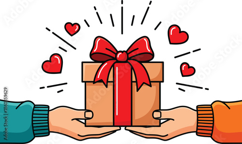 Cartoon hands exchanging a gift box with a large red ribbon bow surrounded by radiating lines and floating red hearts symbolizing love and generosity.