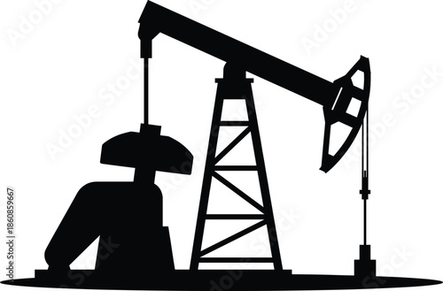 Oil pumpjack silhouette, petroleum extraction equipment, industrial energy production, crude oil drilling rig, fossil fuel industry vector illustration, isolated background