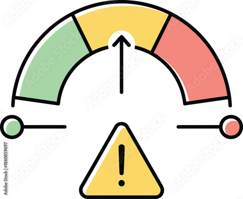 Colorful risk assessment gauge pointing to a moderate level with a yellow warning sign.