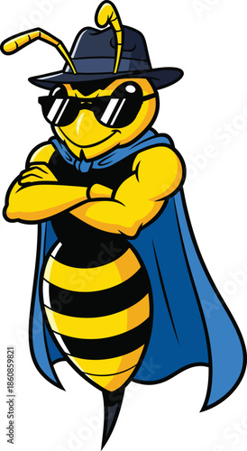 Cool anthropomorphic bee mascot with muscular arms crossed wearing a blue fedora sunglasses and cape.