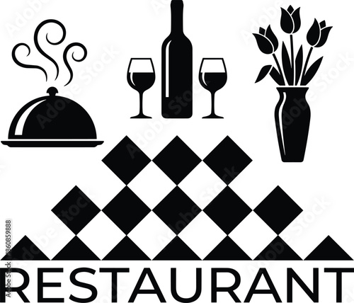 Restaurant logo silhouette with food cloche wine bottle glasses flowers and geometric pattern black vector illustration isolated on white background