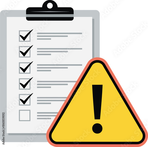Gray clipboard with a nearly completed checklist partially obscured by a yellow triangular hazard warning sign.