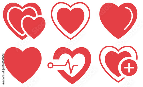 Collection of red heart shapes with varying designs and outlines displayed