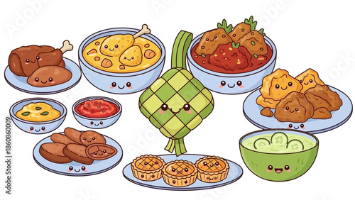 Cute Kawaii Indonesian Eid Al-Fitr Traditional Food Illustration Set - Ketupat, Opor Ayam, Rendang
