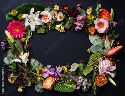 Floral oval arrangement of colorful assorted blooms on dark, sleek surface