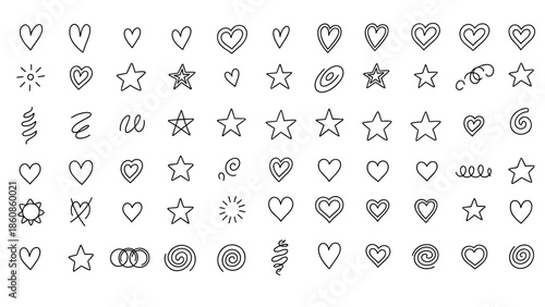 Collection of line art doodle icons including hearts stars and celestial