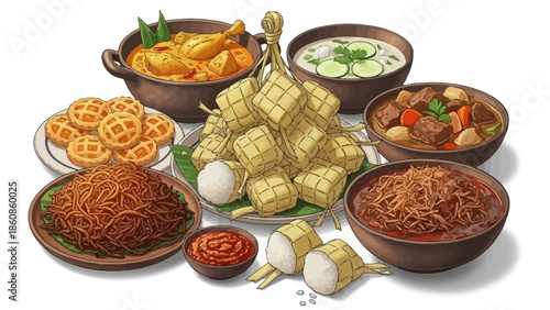Indonesian Traditional Eid Al-Fitr Food Feast, Ketupat, Chicken Curry, Beef Rendang, and Festive Snacks Illustration