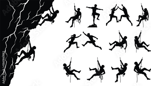 Rock climbing silhouettes set showing climbers rappelling jumping and ascending cliff isolated on white background extreme adventure sport illustration