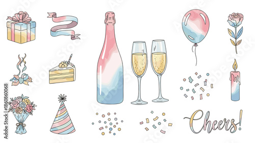Celebration and party items collection with champagne glasses and decorations
