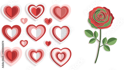 Collection of heart symbols and a detailed rose with leaves
