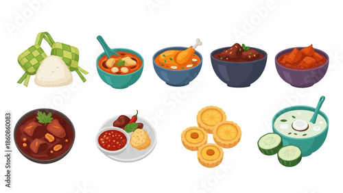 Indonesian Traditional Food for Eid Al-Fitr Collection, Ketupat, Opor Ayam, Rendang, and Festive Dish Vector Icon Set