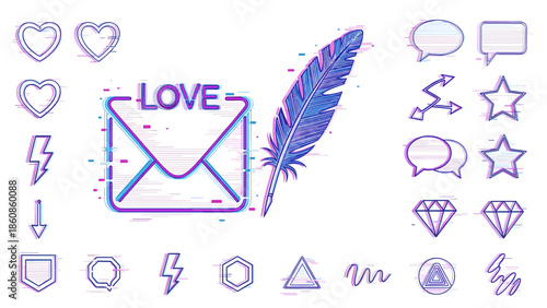 Collection of handdrawn love and romantic symbols and icons