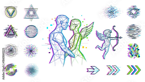 Colorful fairy and star decorations with snowflake and arrow patterns