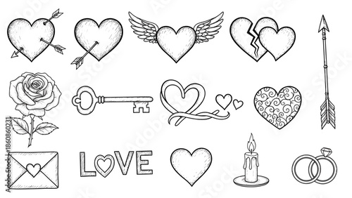 Collection of handdrawn love symbols and romantic icons for design