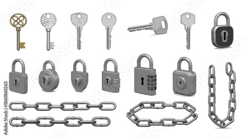 Collection of various keys locks chains and security devices
