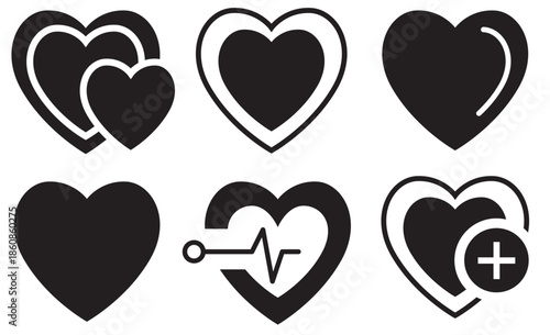 Collection of black heart icons with varying shapes and designs displayed