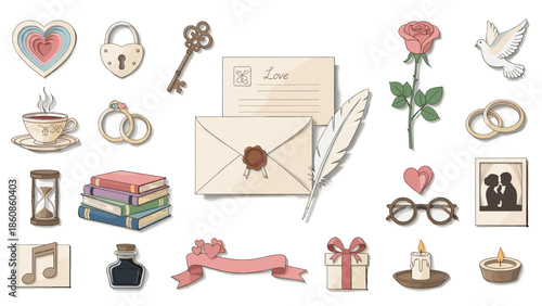 Collection of vintage romantic objects and symbols for love theme