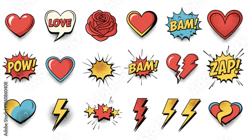 Collection of colorful comicstyle love and power icons and symbols