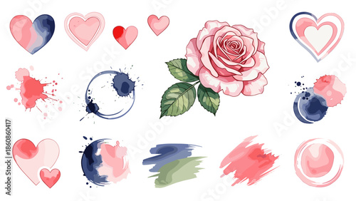 Collection of watercolor hearts roses and abstract brushstrokes