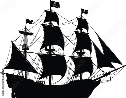 Sailing ship silhouette, historic wooden tall ship with sails, maritime nautical transport concept, vintage sea vessel illustration isolated