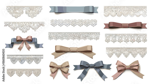 Set of decorative bows and lace trims for gift wrapping or craft