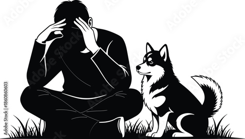 Black Silhouette Illustration of a Depressed Man Sitting in Grass with a Loyal Husky Dog Providing Comfort and Emotional Support Outdoors