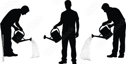 Black Silhouette Illustration of Men Gardening and Watering Plants with Watering Cans for Horticulture Agriculture Landscaping and Home Garden Maintenance Concept