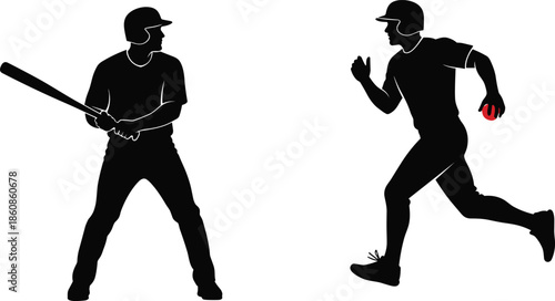 Black silhouettes of baseball players including a batter with a bat and a pitcher running with a red ball.
