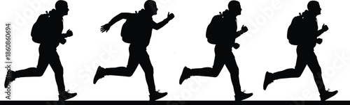Black Silhouettes of Men Running with Backpacks Representing Commuting to Work Active Lifestyle Fitness Training and Fast Paced Urban Motion Concepts