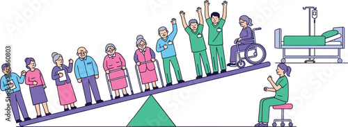 Cartoon Illustration of a Seesaw Balancing a Group of Elderly Patients and Healthcare Workers Representing Geriatric Care Challenges and Medical Resource Management