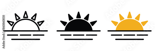 Sunrise icon showing a half-circle sun rising above a flat horizon with simple rays, designed in clean line-art style for weather