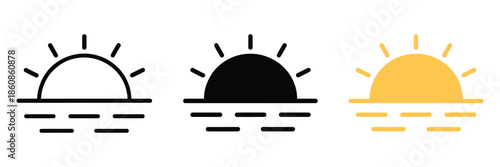 Sunrise icon featuring a half-circle sun above a flat horizon with minimalist rays, ideal for weather applications, nature illustrations